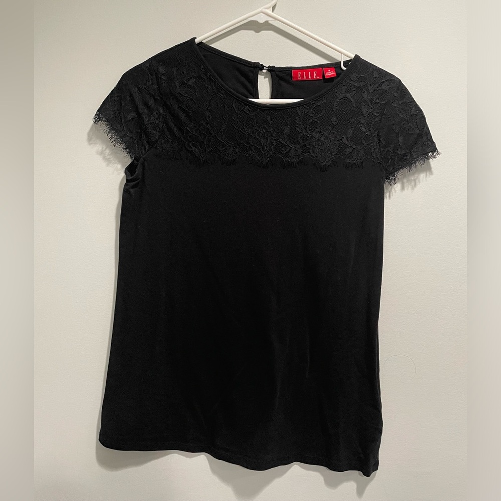 {ELLE} black lace detail and keyhole cutout at back of neck women's size S